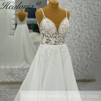 HEULORIA  Spaghetti Straps A line Wedding Dress Plunging Chiffon Women Lace Appliques Bridal dress Customized #AL-997