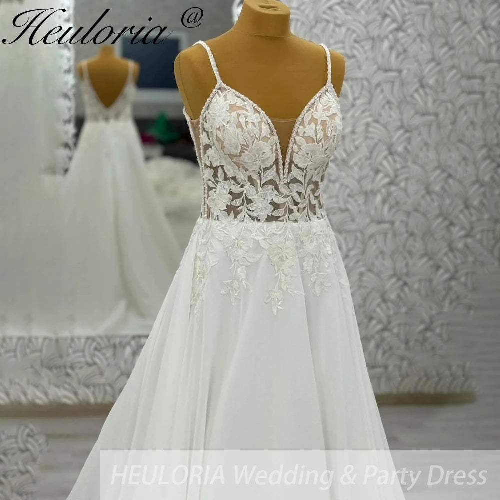 HEULORIA  Spaghetti Straps A line Wedding Dress Plunging Chiffon Women Lace Appliques Bridal dress Customized #AL-997