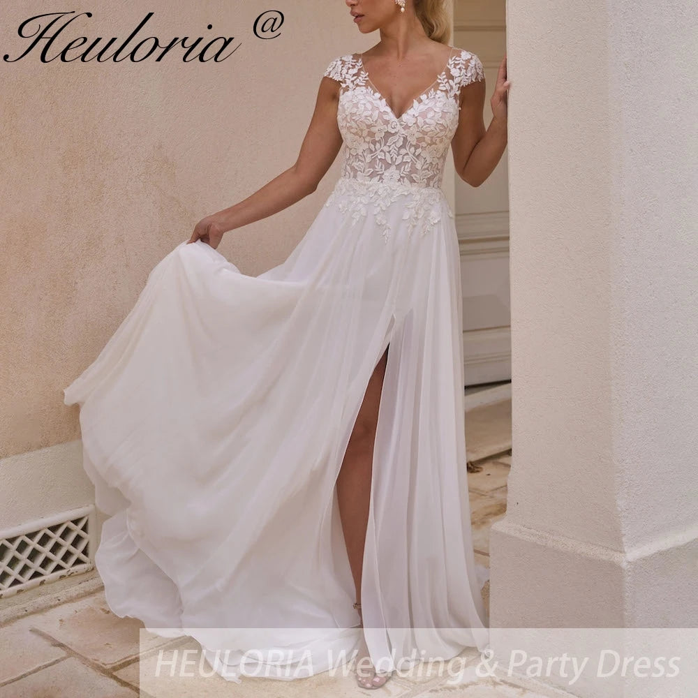 HEULORIA elegant A line Wedding Dress V neck lace chiffon bride dress for garden beach wedding AL-753