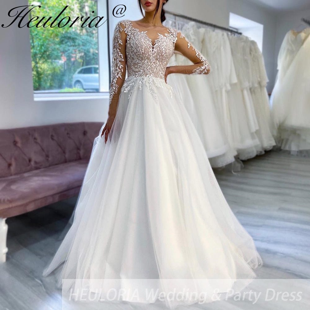 HEULORIA Sparkly Glitter A line Wedding Dress long sleeve lace bride dress plus size robe de mariee  A line Wedding Bridal Gown AL-252