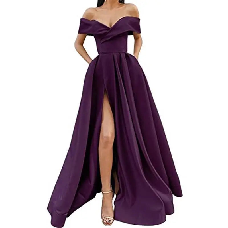 Off The Shoulder Satin Evening Dresses High Split Sexy With Pockets Lace Up Back Vintage Long Prom Dresses Wedding Party Gowns