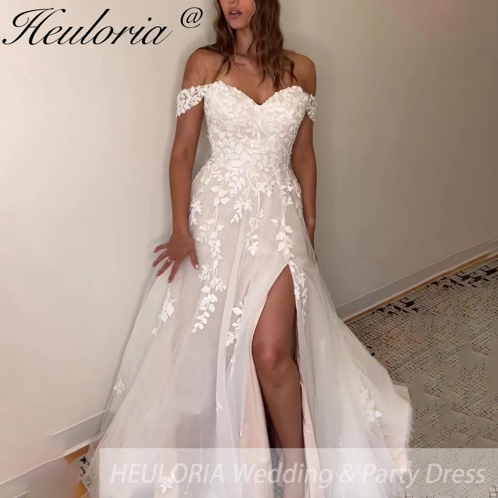 HEULORIA elegant A line wedding dress off shoulder Sparkly Glitter tulle lace bridal dress high split plus size robe de mariee A line Wedding Bridal Gown AL-884