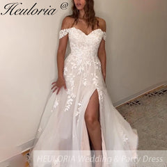 HEULORIA elegant A line wedding dress off shoulder Sparkly Glitter tulle lace bridal dress high split plus size robe de mariee A line Wedding Bridal Gown