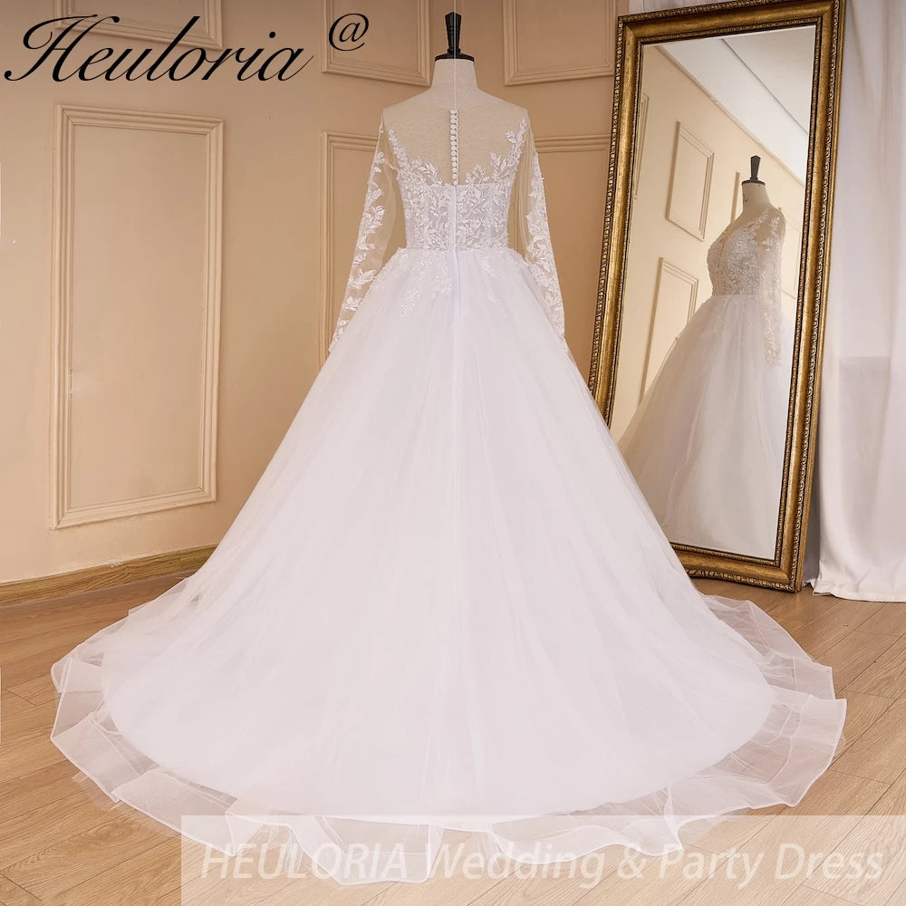 HEULORIA Princess Wedding Dress long sleeve V neck bead lace bride dress plus size robe de mariee Lace beading bridal Gown court train AL-824