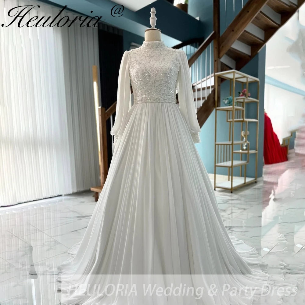 elegant heavy beading Muslim Wedding Dress long sleeve high neck bride dress plus size bride Wedding Gown BA-853 Immagine principale del prodotto
