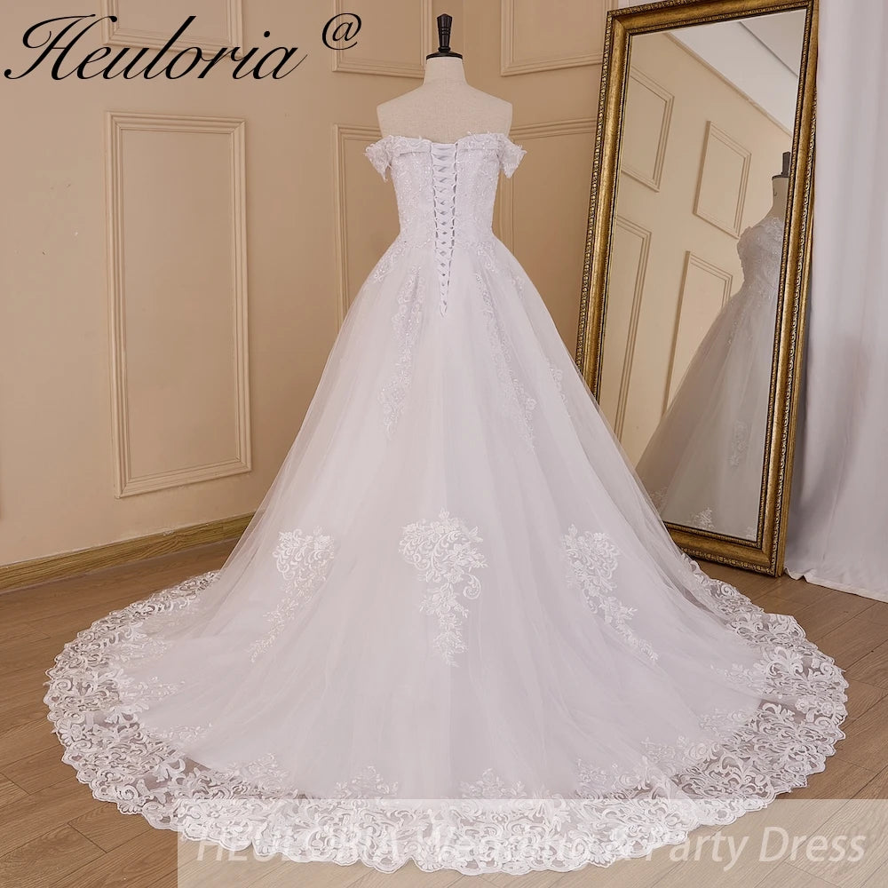 HEULORIA Romantic Off-the-Shoulder Lace Ball Gown Wedding Dress with Ruffled Sleeves and Cathedral Train BA-830