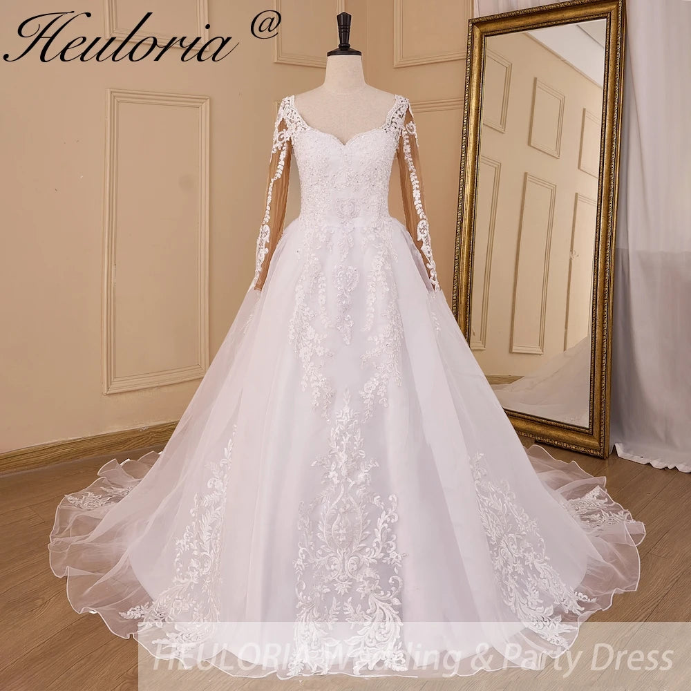 HEULORIA Princess Wedding Dress long sleeve V neck bride dress plus size robe de mariee Lace beading Wedding Bridal Gown BA-827 Main image