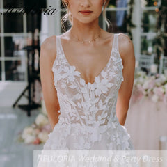HEULORIA Elegant Spaghetti Straps A line Wedding Dress 3D floral Sparkly Glitter Wedding Bridal dress