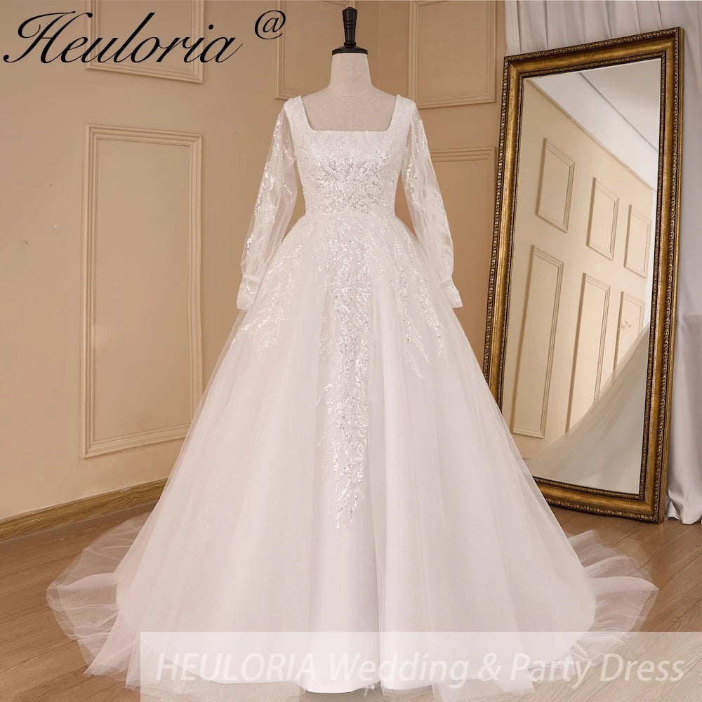 HEULORIA elegant A line wedding dress long sleeve Sparkly Glitter lace beading bride dress Robe De Mariee Wedding Bride Dress