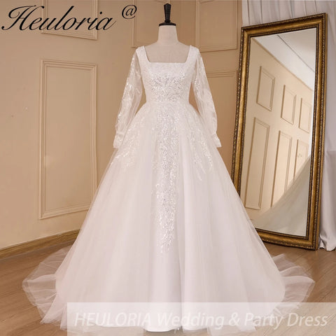 HEULORIA elegant A line wedding dress long sleeve Sparkly Glitter lace beading bride dress Robe De Mariee Wedding Bride Dress