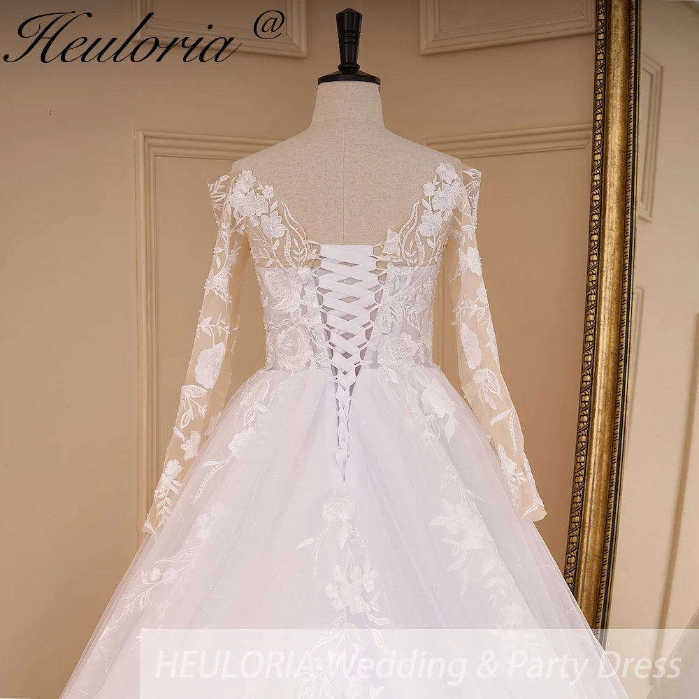 HEULORIA Sparkly Glitter princess Wedding dress Off Shoulder long sleeve lace Bride Dresses plus size plus size white bride dress customize BA-823