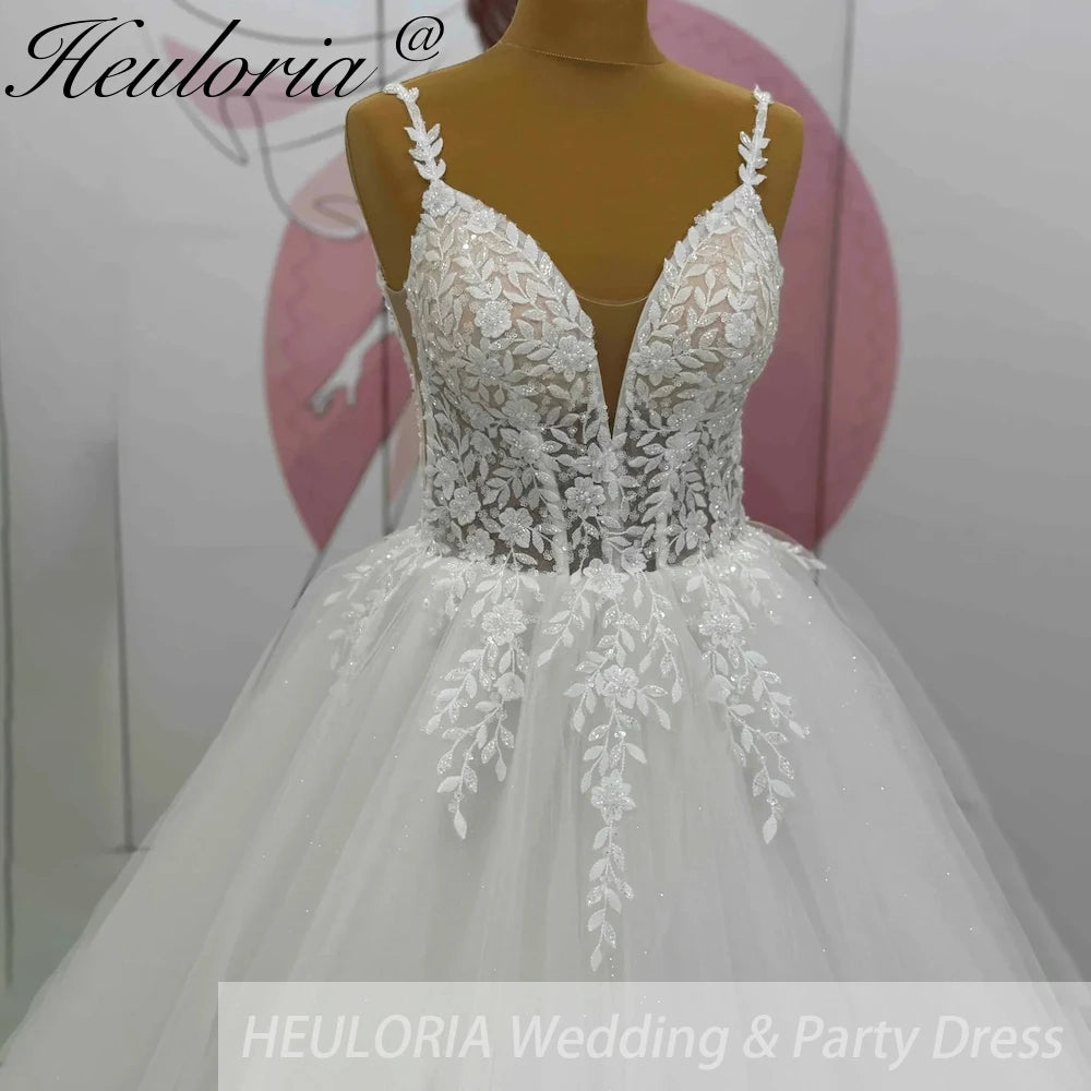 HEULORIA  elegant A line wedding dress Spaghetti Strap lace applique bridal dress Robe De Mariee Wedding Bride Dress AL-1009