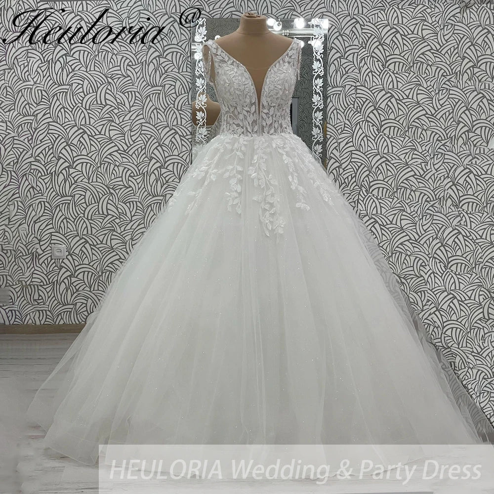 HEULORIA Elegant V Neck Wedding Gowns For Women 2025 Vestido De Novia Lace Bead Customized Long Bridal Dresses Lace Up Back AL-1039