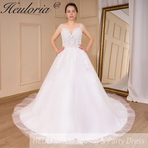 HEULORIA Lace Wedding Dresses A line Spaghetti Straps Bridal dress Robe De Mariee Wedding Bride Dress long train