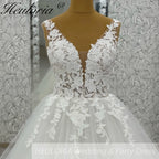 HEULORIA V Neck Sleeveless A lineWedding Dress Boho Lace Appliques Tulle Long Bridal Gowns Backless Vestidos de Novia Customized AL-1038