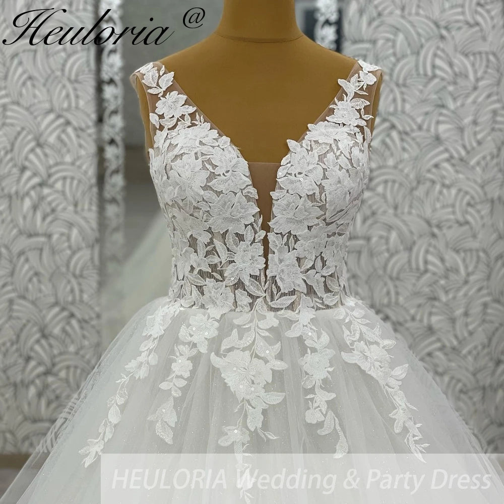 HEULORIA V Neck Sleeveless A lineWedding Dress Boho Lace Appliques Tulle Long Bridal Gowns Backless Vestidos de Novia Customized AL-1038
