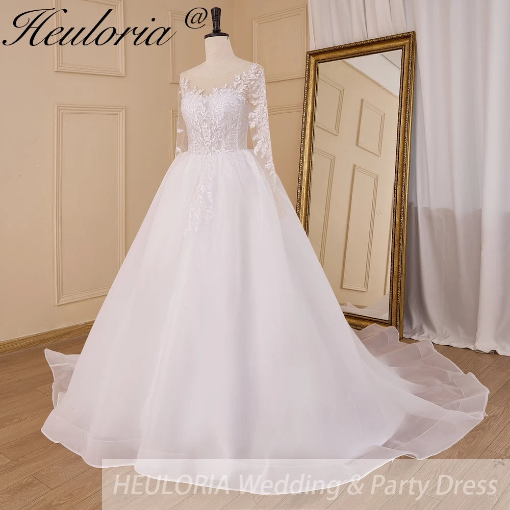 HEULORIA elegant lace appliqe A line Wedding Dress long sleeve organza skirt bride dress plus size robe de mariee Wedding Bridal Gown AL-833