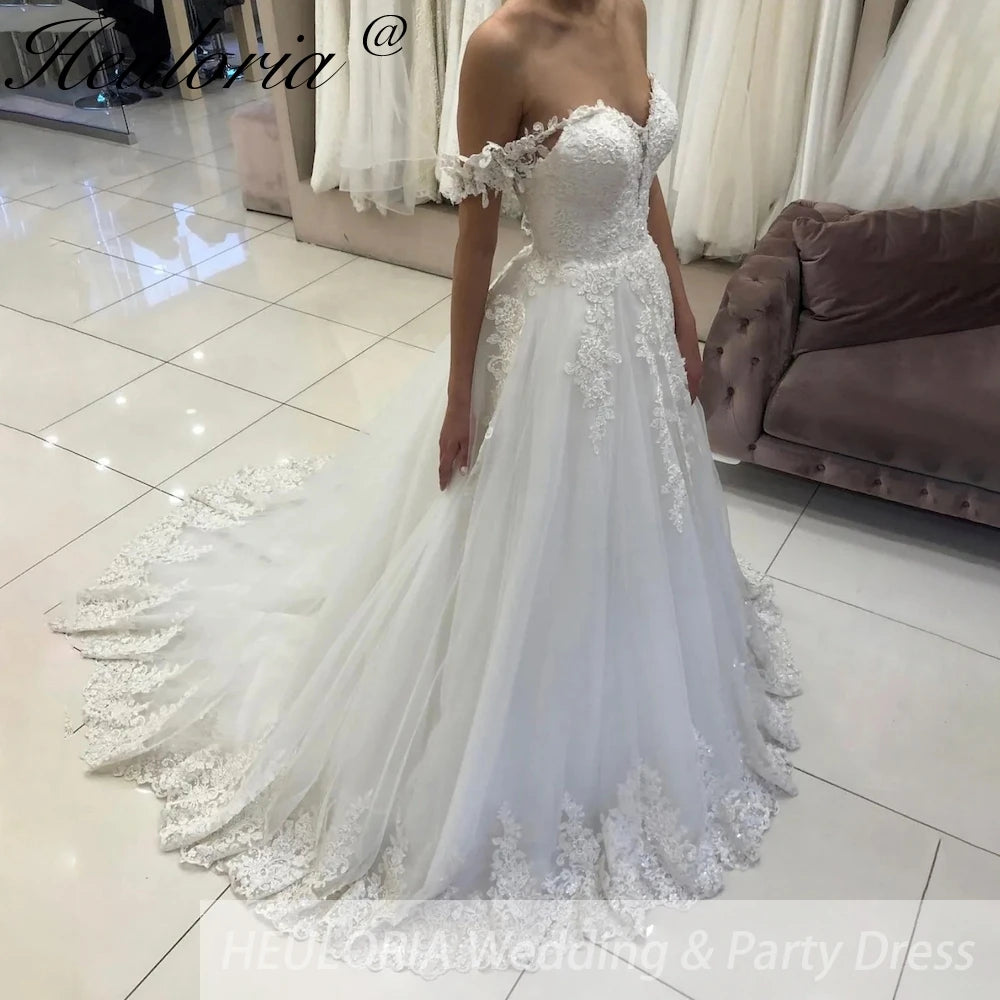 HEULORIA princess wedding dress off shoulder lace applique plus size white bride dress customize