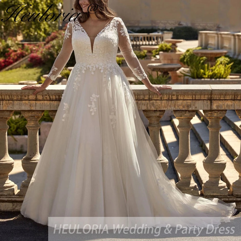 HEULORIA  plus size wedding dress long sleeve v neck lace bride dress A line Robe De Mariee Wedding Bride Dress AL-754