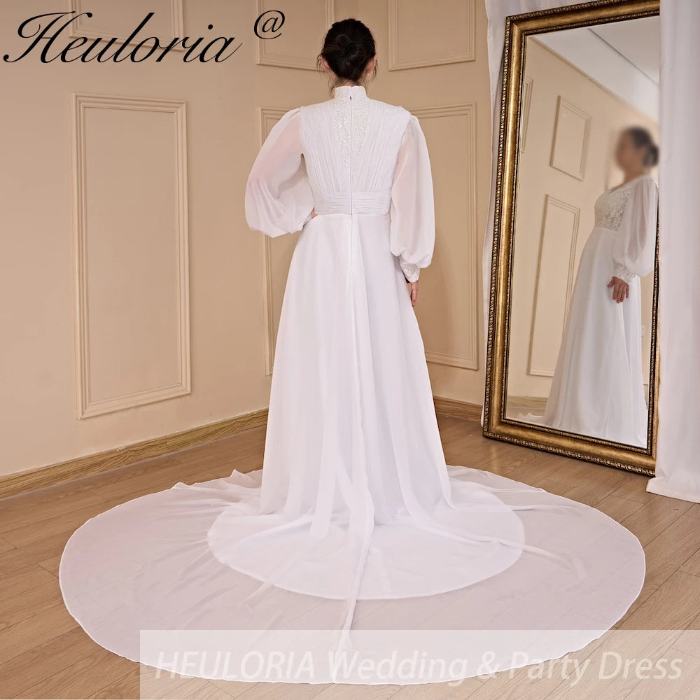 HEULORIA elegant Muslim Wedding Dress long sleeve high neck lace chiffon bride dress plus size bride Wedding Gown AL-805