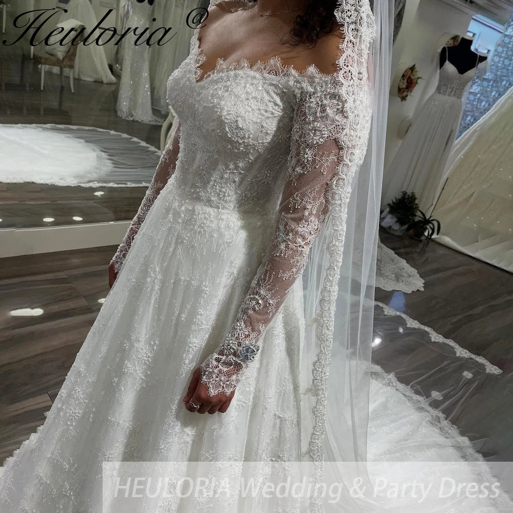 HEULORIA princess wedding dress off shoulder long sleeve lace white bride dress customize BA-852