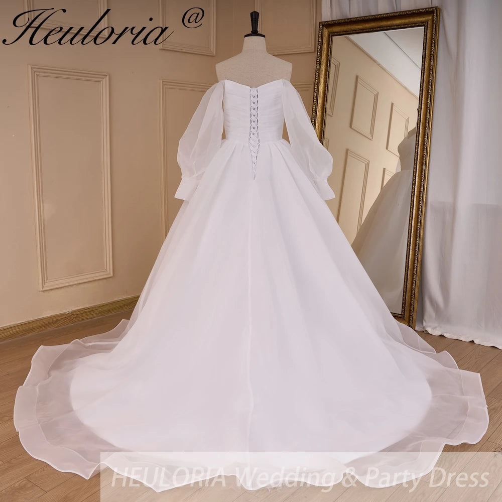 HEULORIA elegant A line wedding dress long sleeve off shoulder organza bride dress Robe De Mariee Wedding Bride Dress long train AL-821