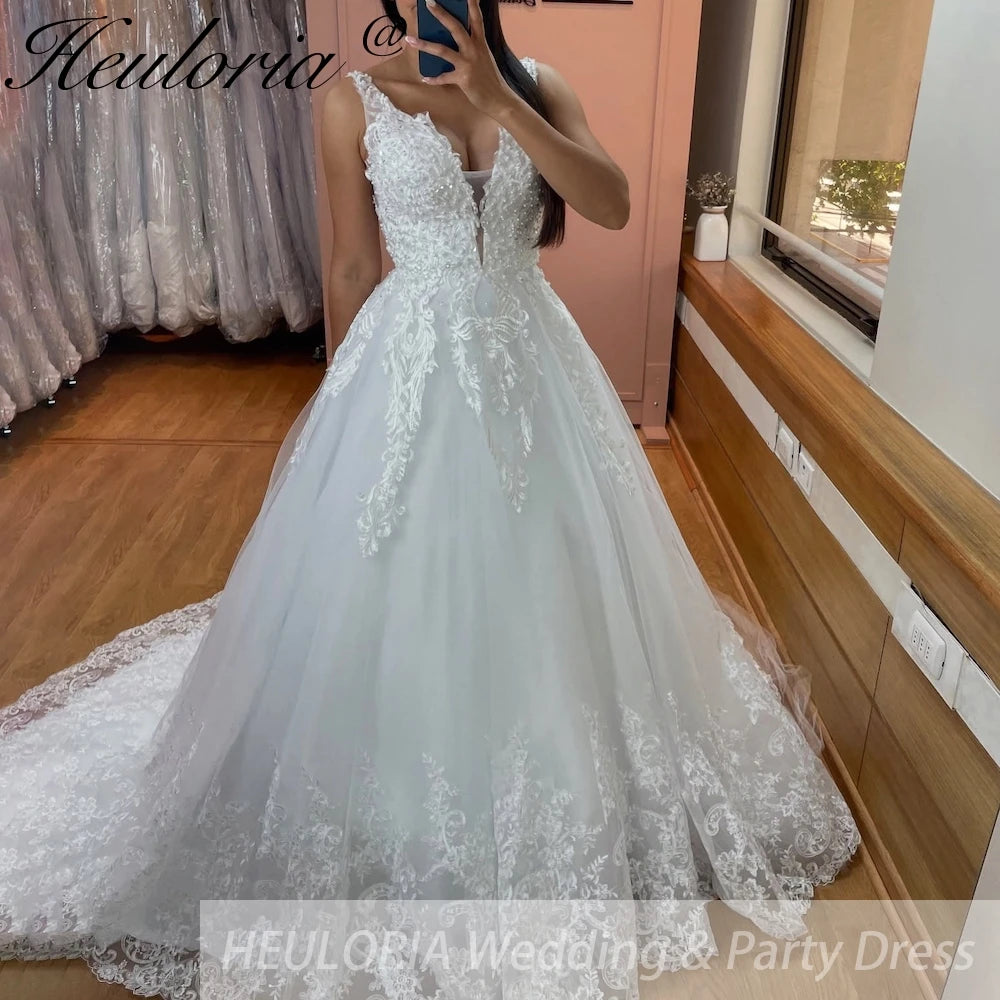HEULORIA ball gown princess wedding dress V neck lace applique bride dress customize BA-850