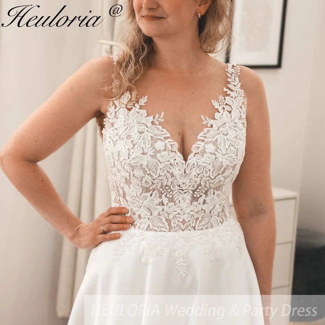 HEULORIA elegant A line Wedding Dress Spaghetti Straps lace applique satin skirt bride dress plus size robe de mariee AL-844