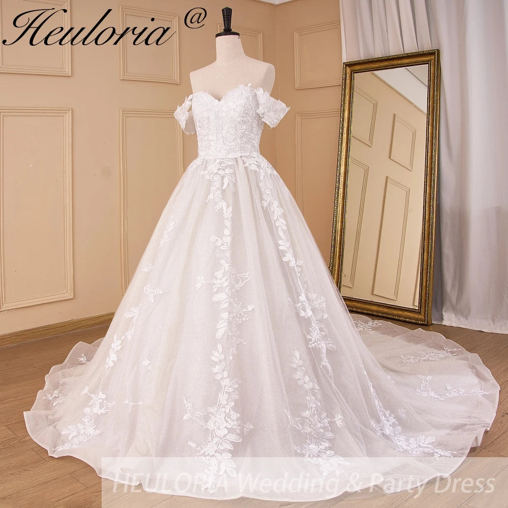 HEULORIA Romantic Off-the-Shoulder Sweetheart Neckline Lace Wedding Dress with Shimmering Cathedral Train BA-826