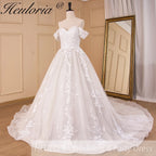 HEULORIA Romantic Off-the-Shoulder Sweetheart Neckline Lace Wedding Dress with Shimmering Cathedral Train BA-826