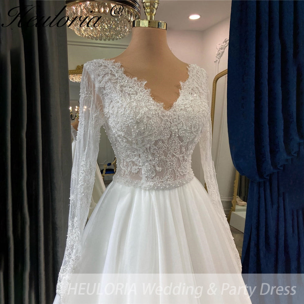 HEULORIA elegant A line wedding dress long sleeve Sparkly Glitter lace beading bride dress Robe De Mariee Wedding Bride Dress AL-249
