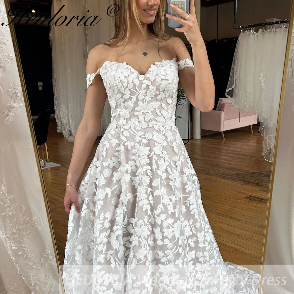 HEULORIA elegant A line wedding dress off shoulder Sparkly Glitter tulle lace bridal dress plus size robe de mariee Lace beading Wedding Gown court train AL-885