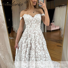 HEULORIA elegant A line wedding dress off shoulder Sparkly Glitter tulle lace bridal dress plus size robe de mariee Lace beading Wedding Gown court train