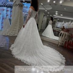 HEULORIA princess wedding dress off shoulder long sleeve lace white bride dress customize