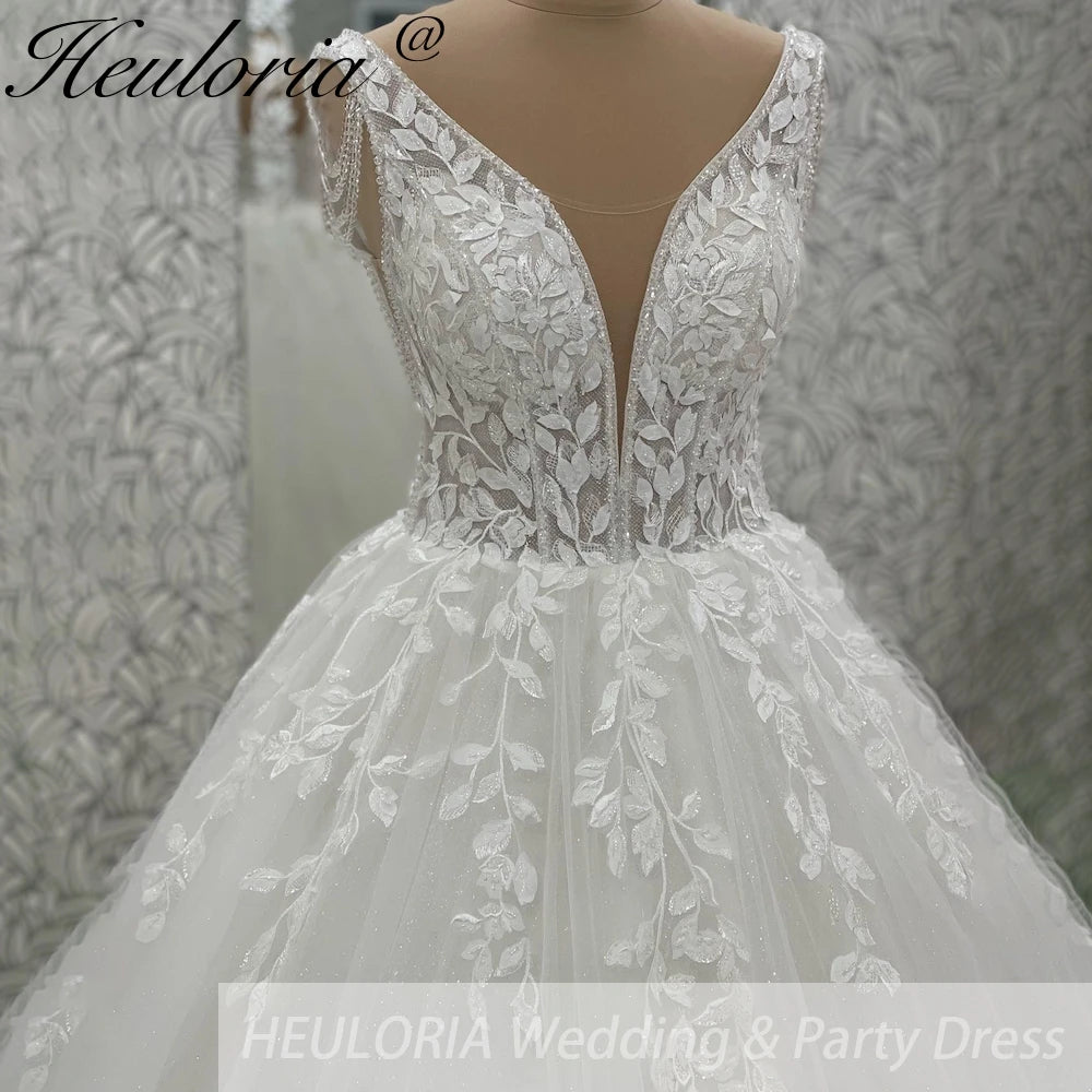 HEULORIA Elegant V Neck Wedding Gowns For Women 2025 Vestido De Novia Lace Bead Customized Long Bridal Dresses Lace Up Back AL-1039