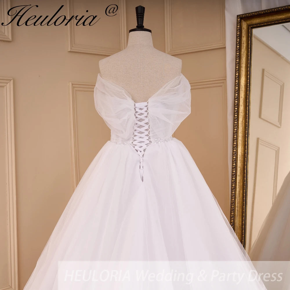 HEULORIA Boho A line Wedding Dress off shoulde beading belt bride dress tulle lace up back plus size AL-818