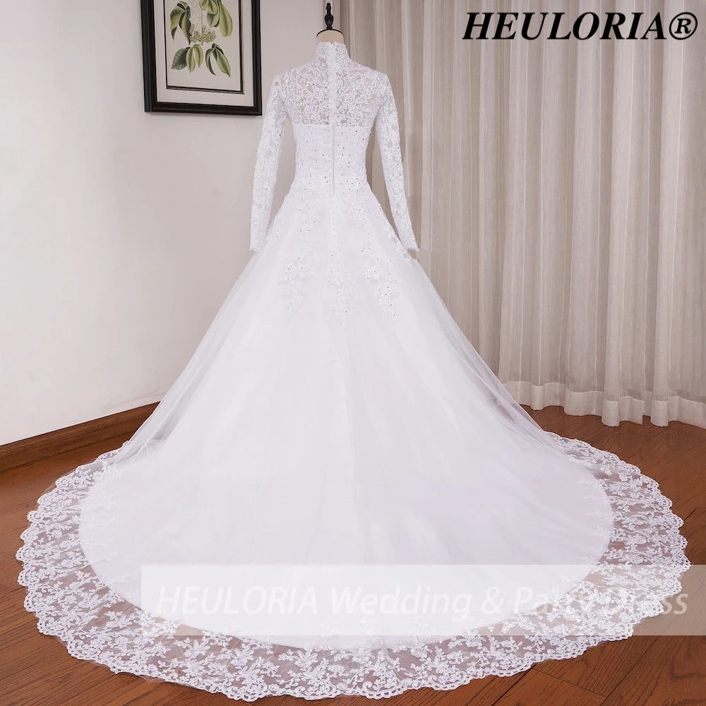 HEULORIA Muslim Wedding Dress long sleeve high neck bride dress Lace beading Wedding Gown BA-N-Classic