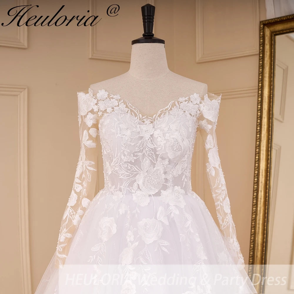 HEULORIA Sparkly Glitter princess Wedding dress Off Shoulder long sleeve lace Bride Dresses plus size plus size white bride dress customize BA-823