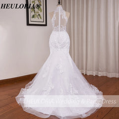 HEULORIA mermaid wedding dress high neck lace beading bride dress long train Robe de mariage ME-0115