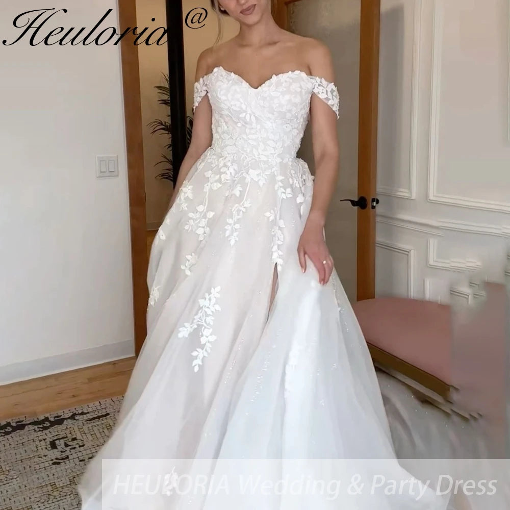 HEULORIA elegant A line wedding dress off shoulder Sparkly Glitter tulle lace bridal dress high split plus size robe de mariee A line Wedding Bridal Gown AL-884