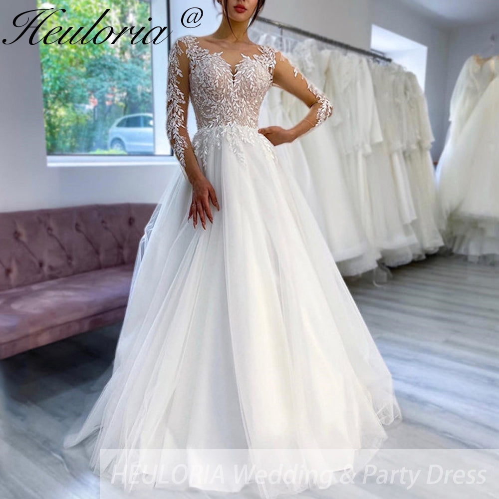 HEULORIA Sparkly Glitter A line Wedding Dress long sleeve lace bride dress plus size robe de mariee  A line Wedding Bridal Gown AL-252