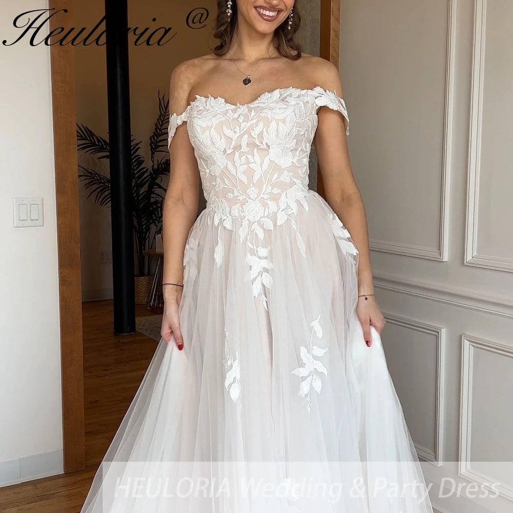 HEULORIA elegant A line wedding dress off shoulder Sparkly Glitter tulle lace applique high split bridal dress Robe De Mariee Wedding Bride Dress AL-888