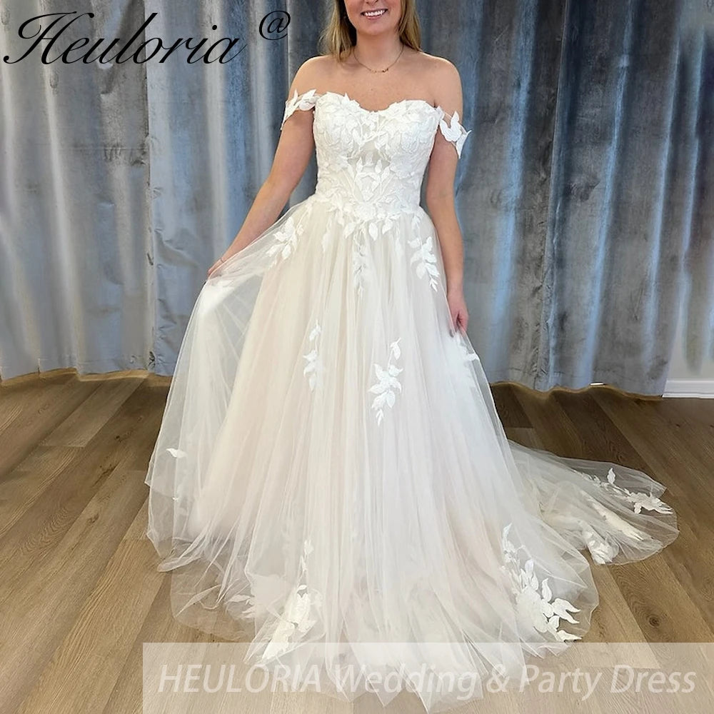HEULORIA elegant A line wedding dress off shoulder Sparkly Glitter tulle lace applique high split bridal dress Robe De Mariee Wedding Bride Dress AL-888