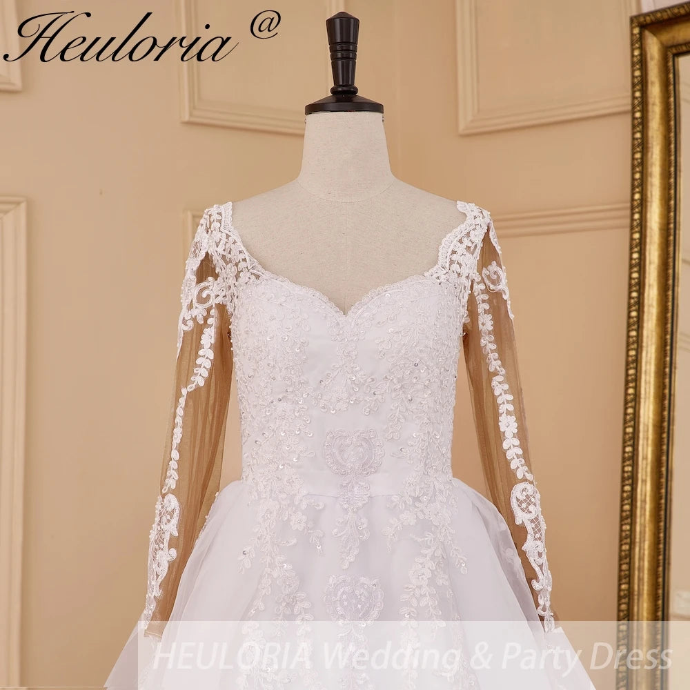 HEULORIA Princess Wedding Dress long sleeve V neck bride dress plus size robe de mariee Lace beading Wedding Bridal Gown BA-827