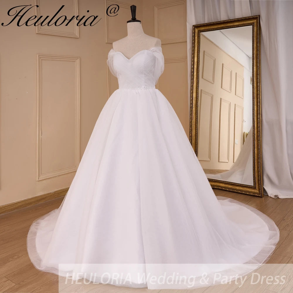 HEULORIA Boho A line Wedding Dress off shoulde beading belt bride dress tulle lace up back plus size AL-818