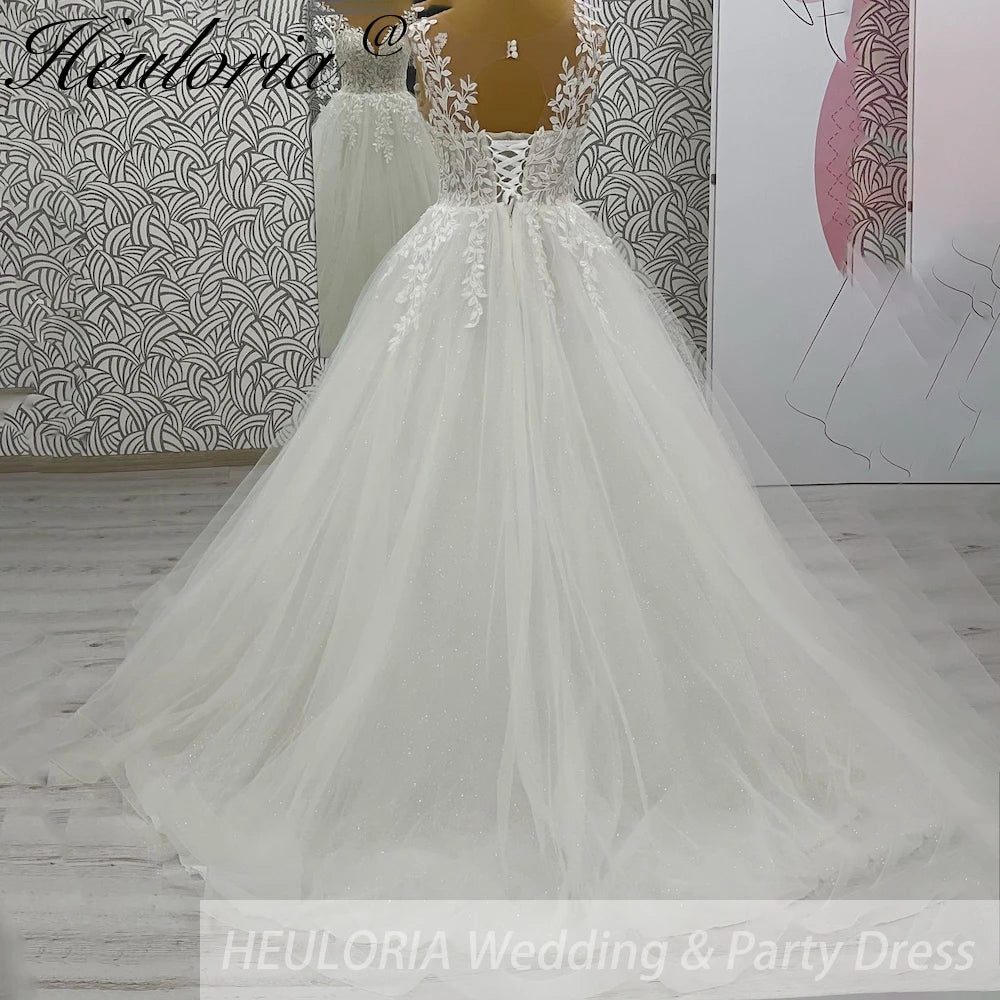 HEULORIA V-neck Sparkly Glitter tulle Wedding Dress Women Robe Civil Lace Appliques A Line Boho Bridal Gown Customized AL-1045