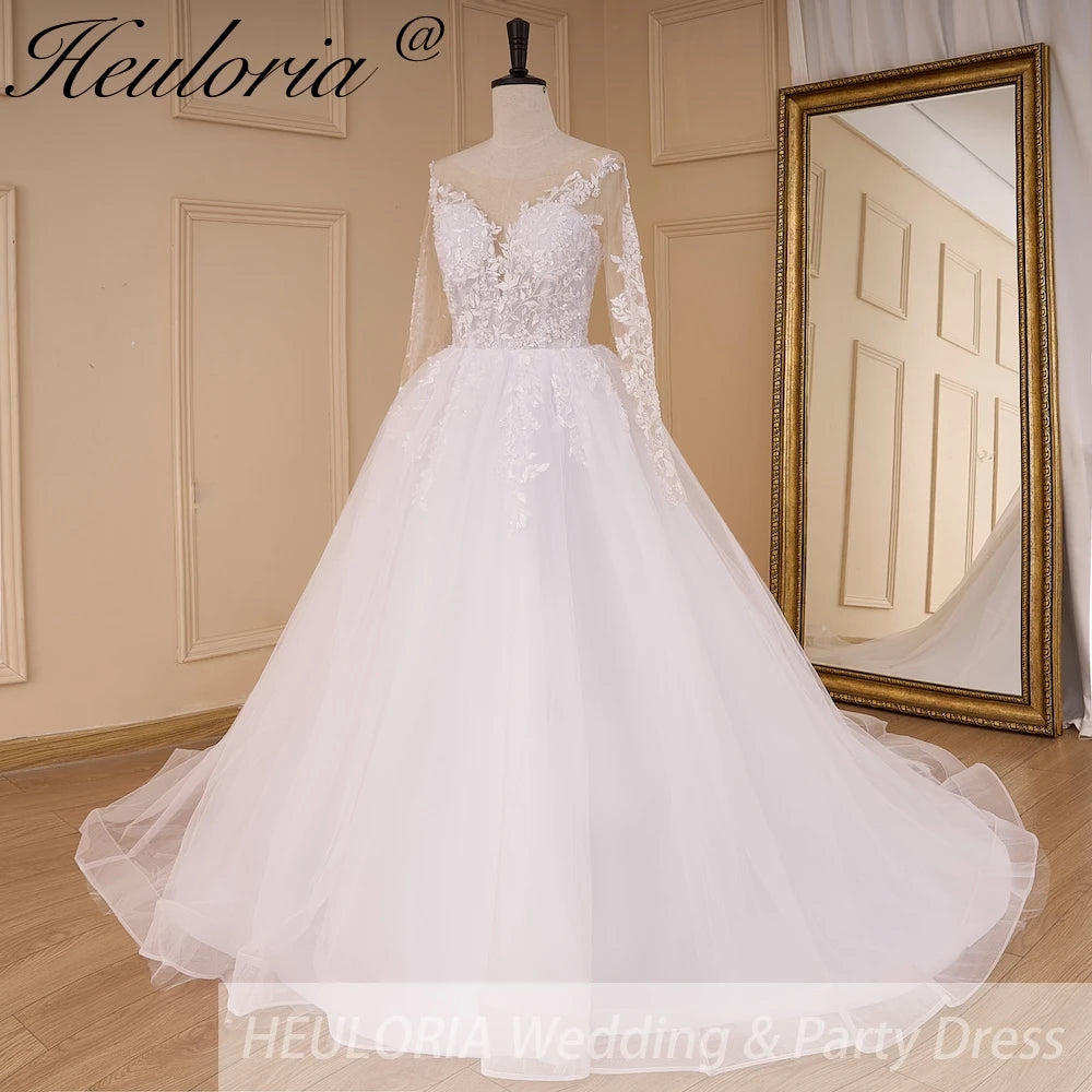 HEULORIA Princess Wedding Dress long sleeve V neck bead lace bride dress plus size robe de mariee Lace beading bridal Gown court train AL-824