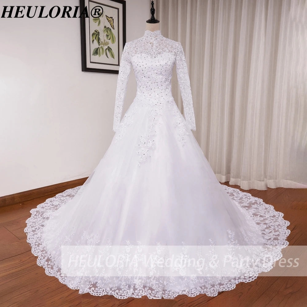 HEULORIA Muslim Wedding Dress long sleeve high neck bride dress Lace beading Wedding Gown BA-N-Classic