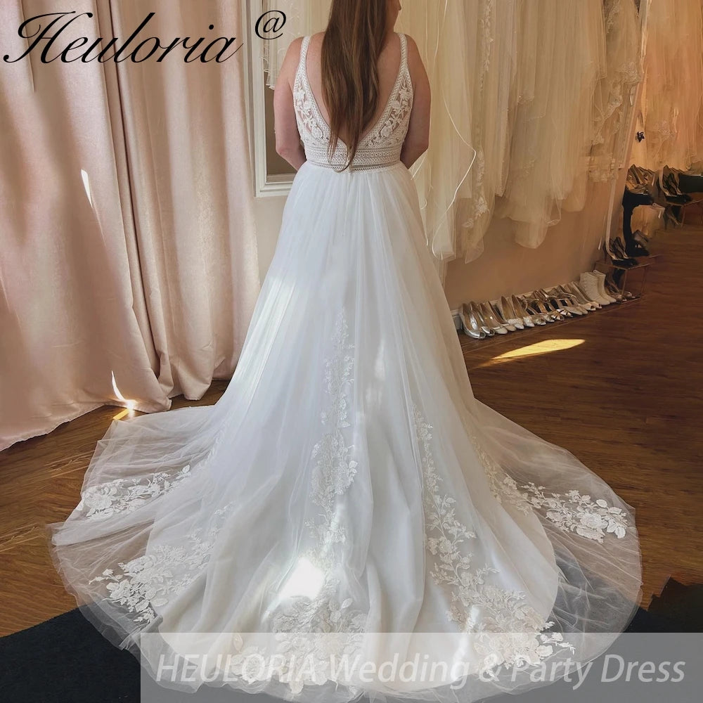 HEULORIA elegant A line wedding dress stra lace applique bride dress customize AL-879
