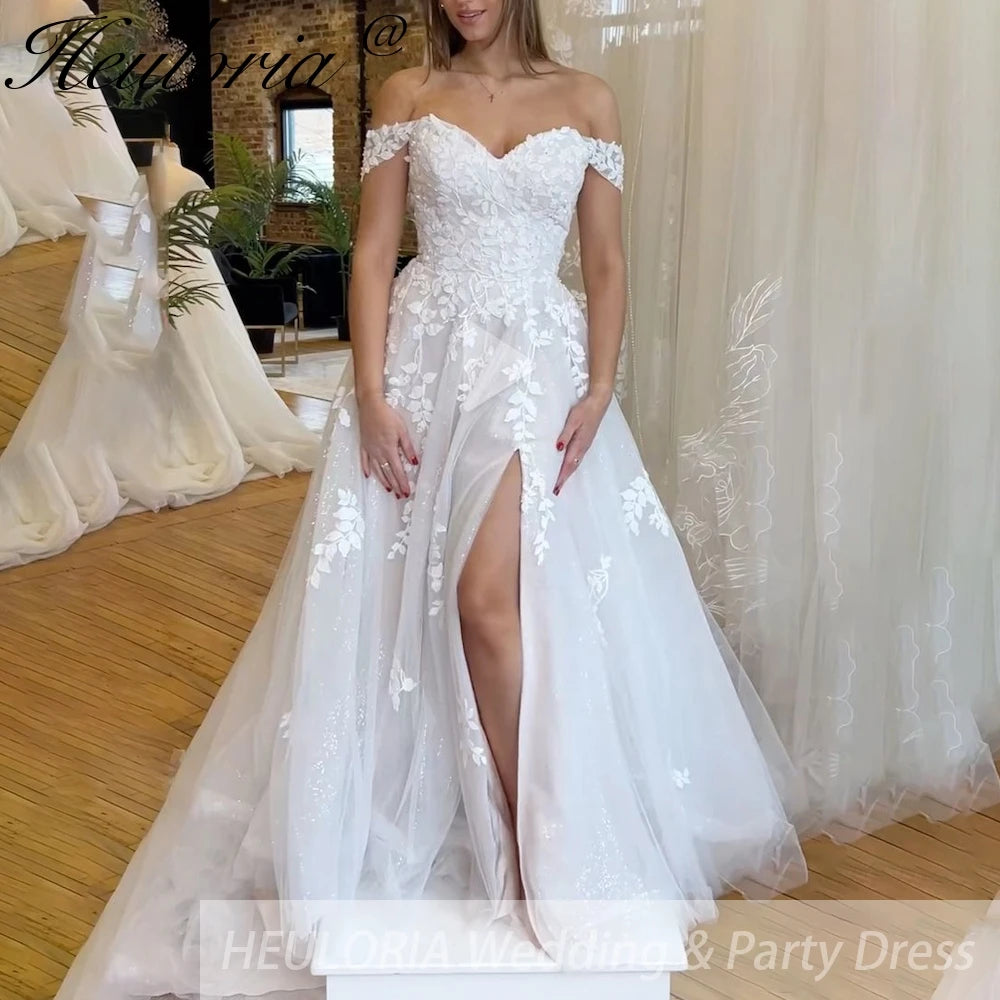 HEULORIA elegant A line wedding dress off shoulder Sparkly Glitter tulle lace bridal dress high split plus size robe de mariee A line Wedding Bridal Gown AL-884 Main image
